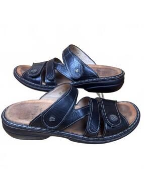 Finn Comfort Black Leather Adjustable Slide Sandals
